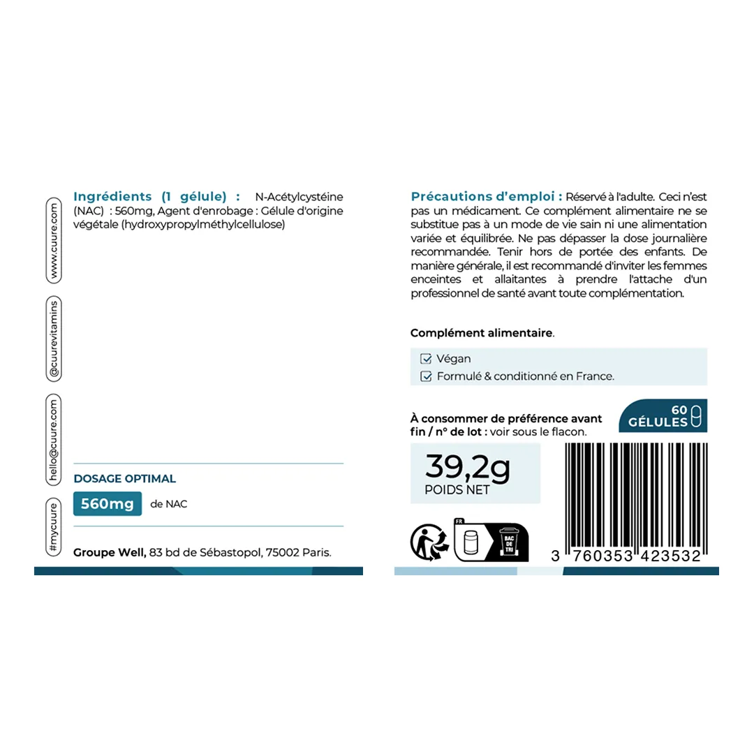NAC N-acetylcysteine en gelules, sous forme libre